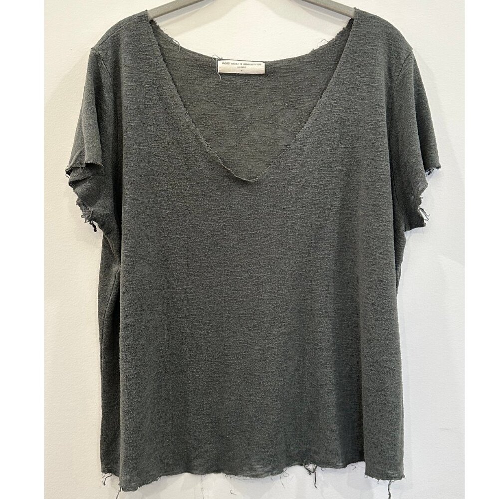 Urban Outfitters x Project Social Distressed Green V-Neck T-Shirt Medium